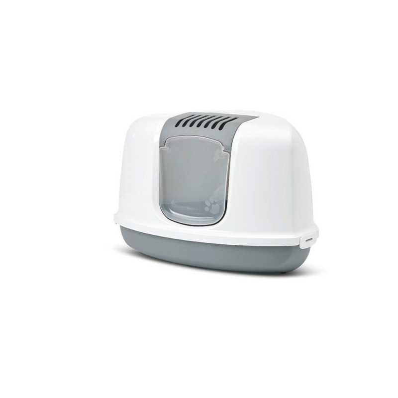 Savic arenero esquinero cubierto con carbón activo, color gris y blanco