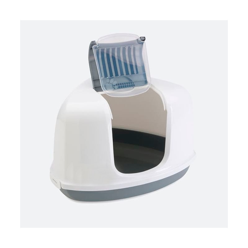 Savic arenero esquinero cubierto con carbón activo, color gris y blanco