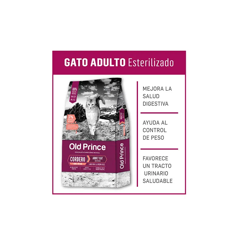 Old Prince Super Premium Gato, Adulto Esterilizado, Cordero y Arroz Integral